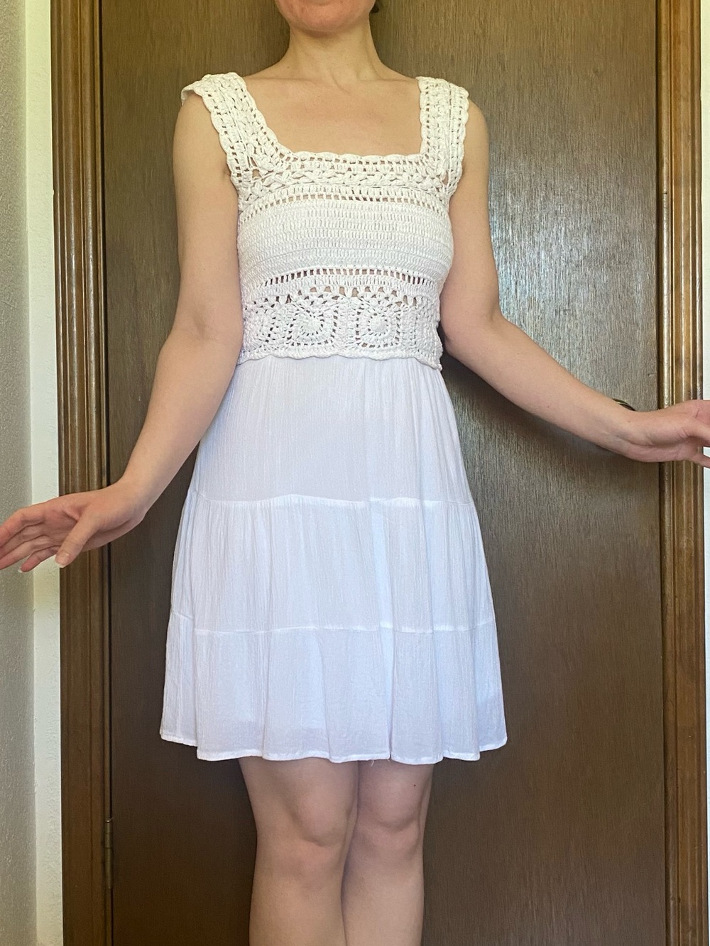 Jessica Simpson White Crochet Top Tiered Mini Sundress with Lining